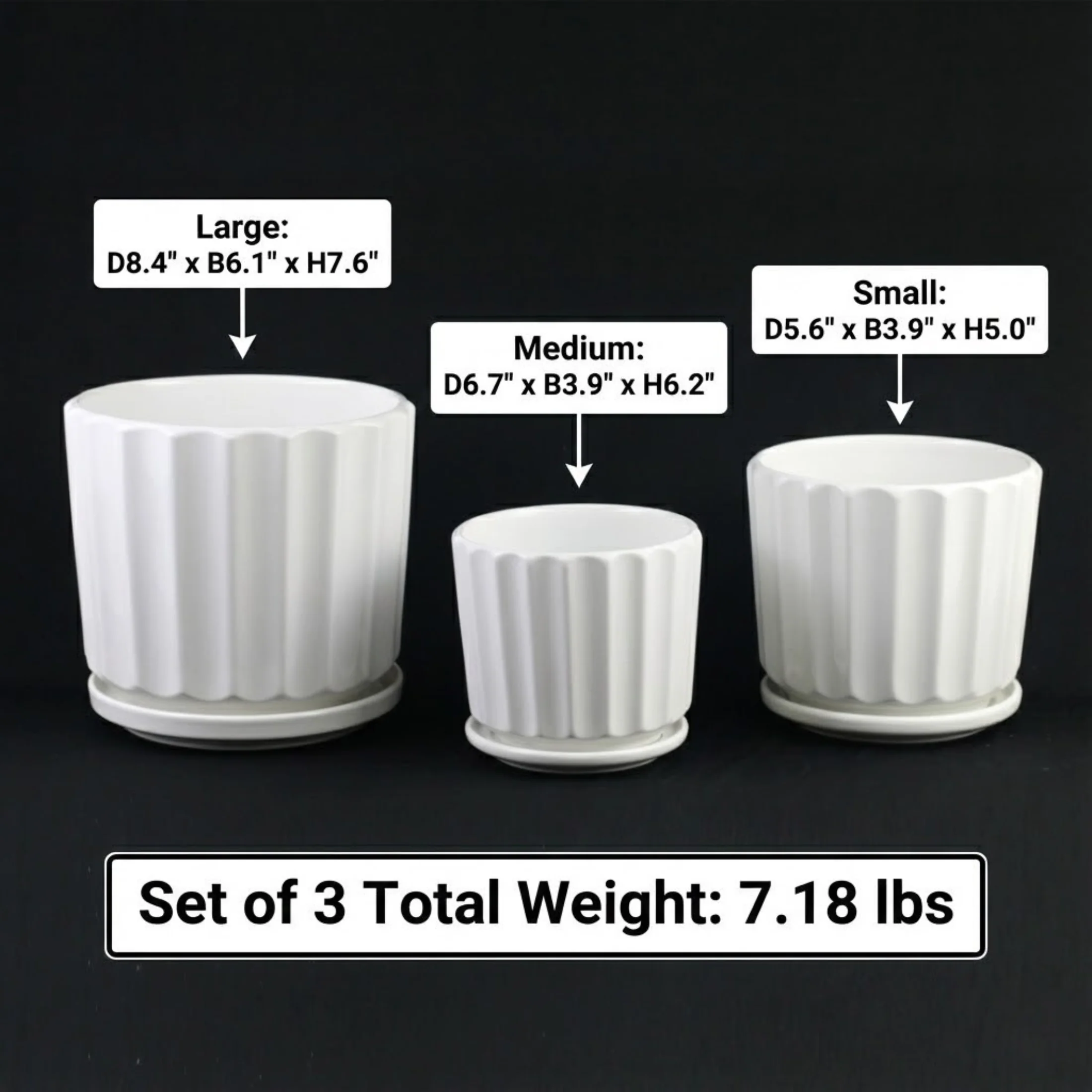 3-Piece White Ceramic Planter Pot Set with Fluted Design & Saucers - Image 10