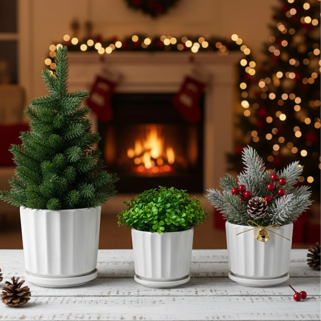 3-Piece White Ceramic Planter Pot Set with Fluted Design & Saucers - Image 2