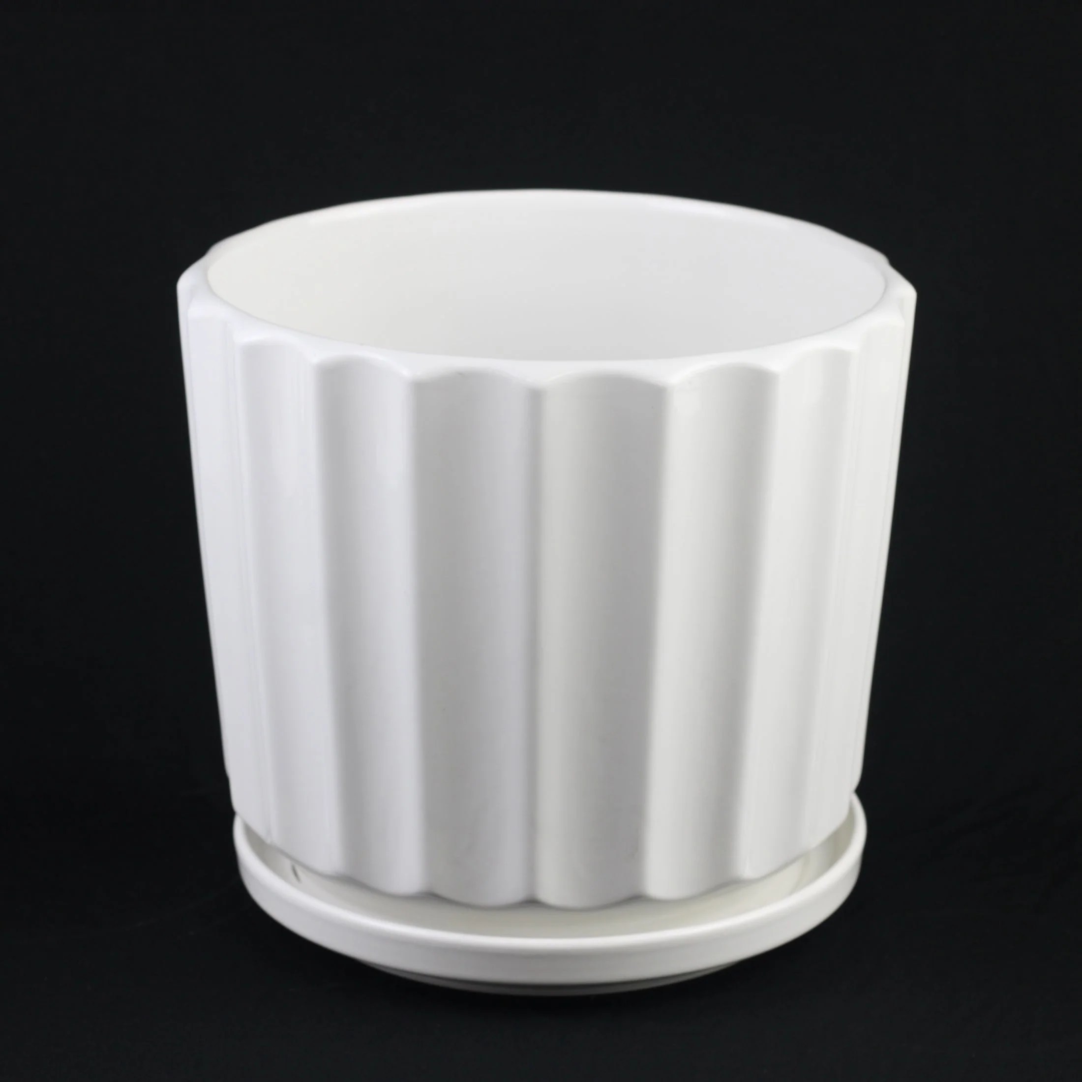 3-Piece White Ceramic Planter Pot Set with Fluted Design & Saucers - Image 5