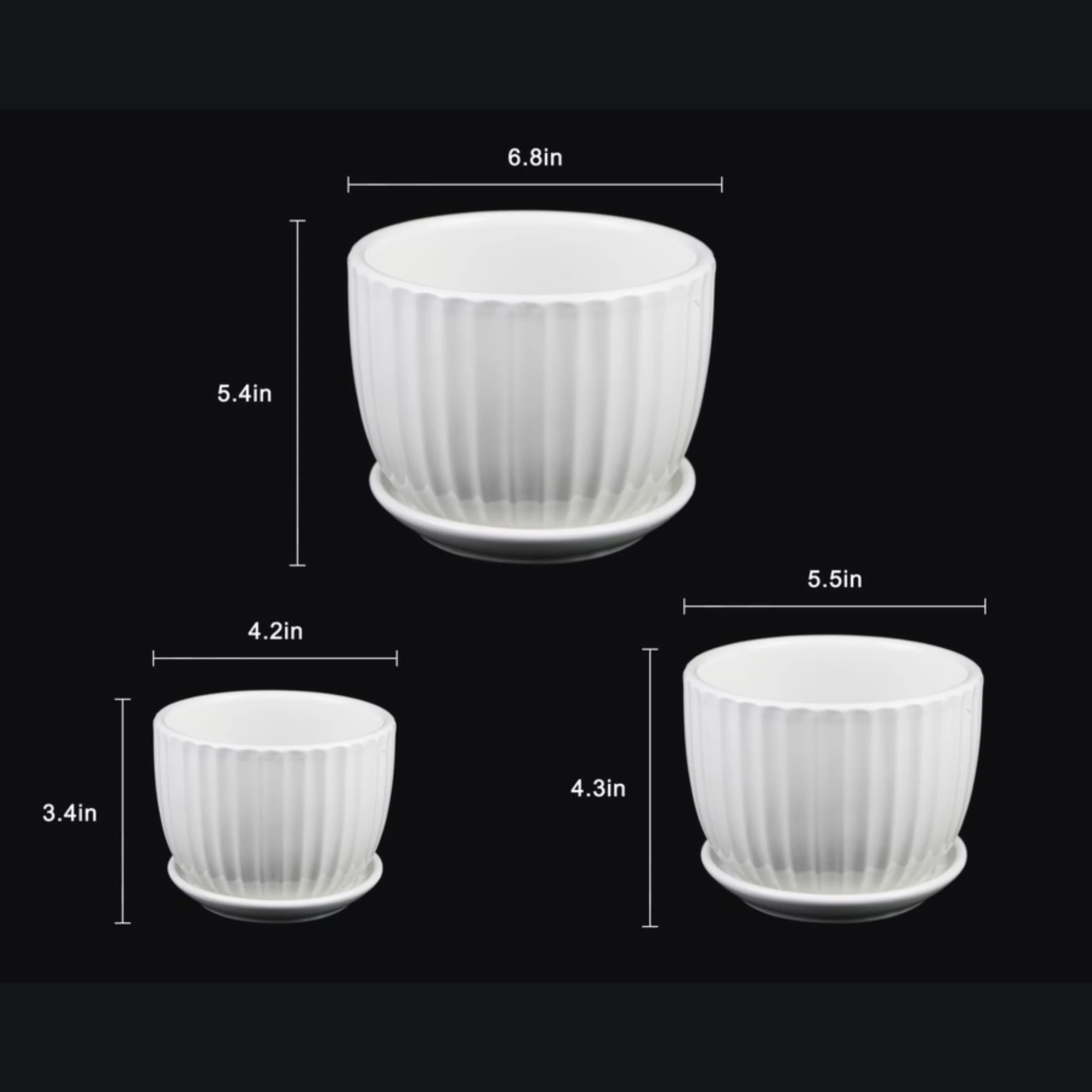 3-Piece White Ceramic Planter Pot Set with Vertical Fluted Design & Matching Saucers - Image 5