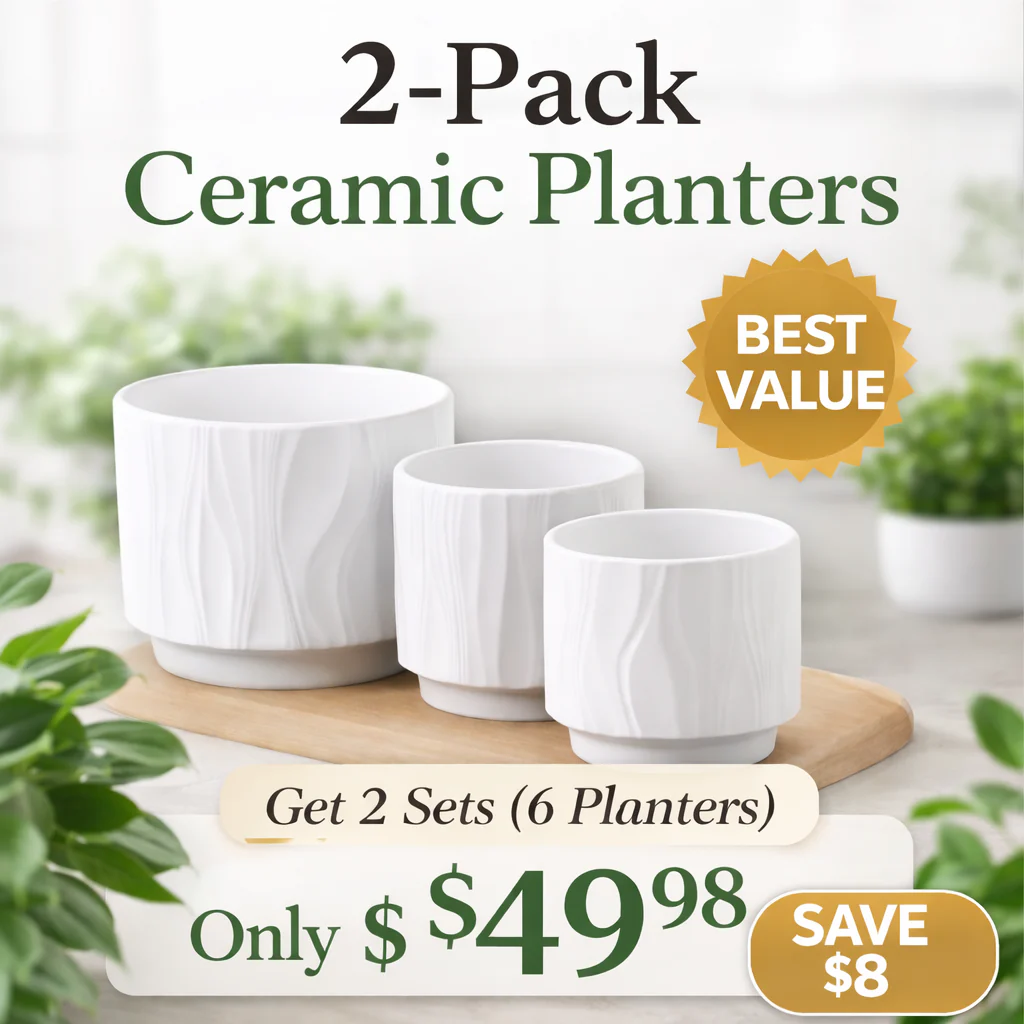 3-Piece White Stoneware Planter Pot Set with Embossed Texture - Image 11