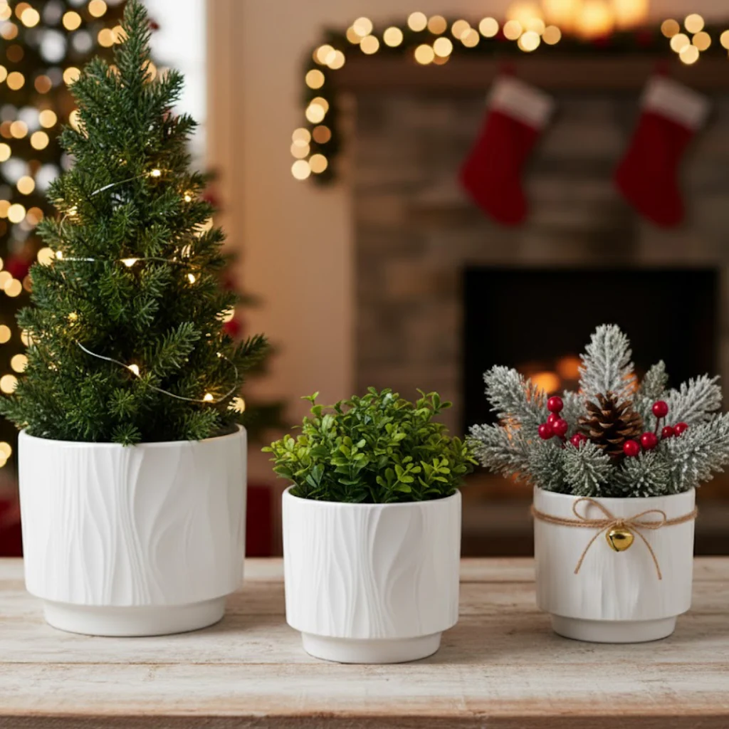 3-Piece White Stoneware Planter Pot Set with Embossed Texture - Image 12