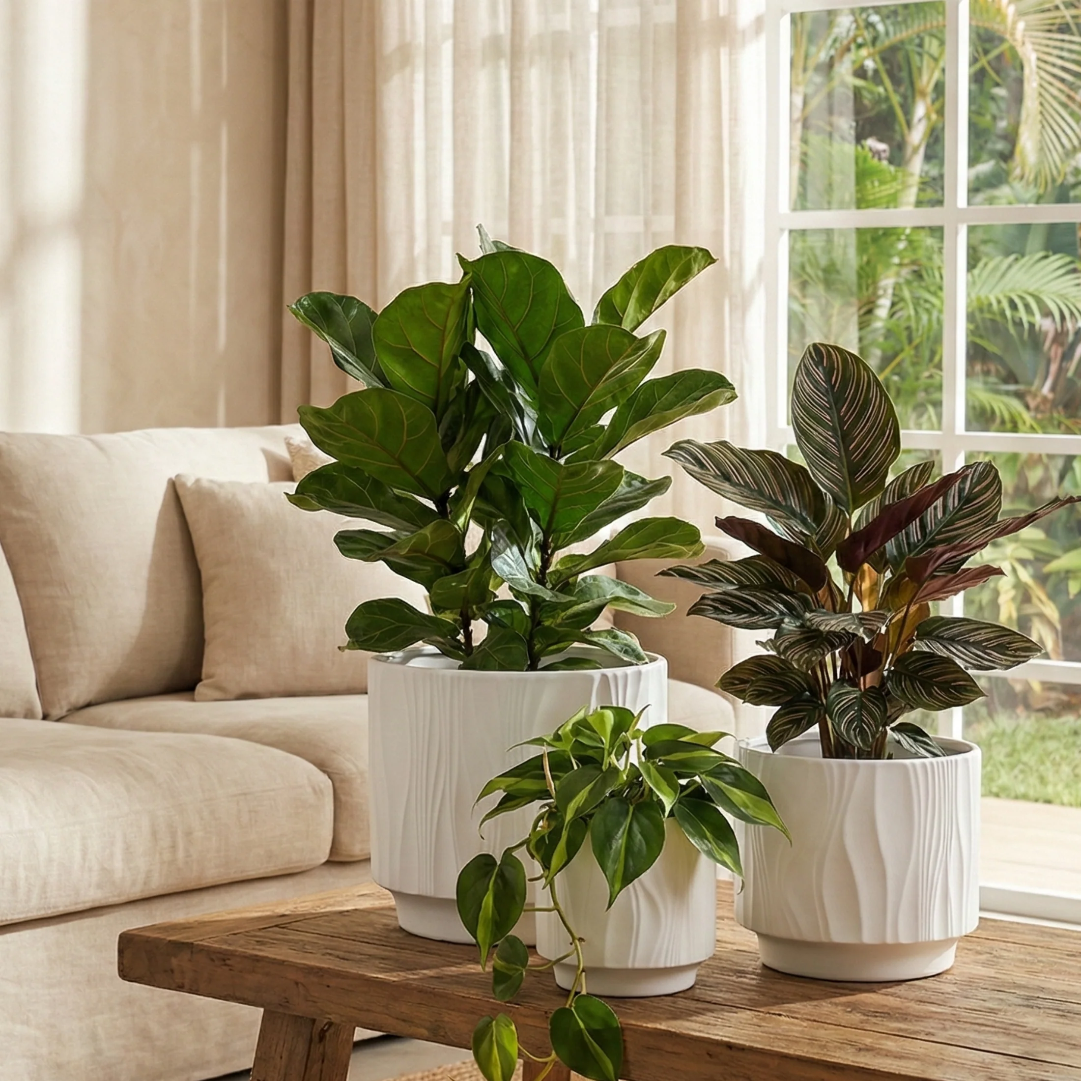 3-Piece White Stoneware Planter Pot Set with Embossed Texture - Image 2
