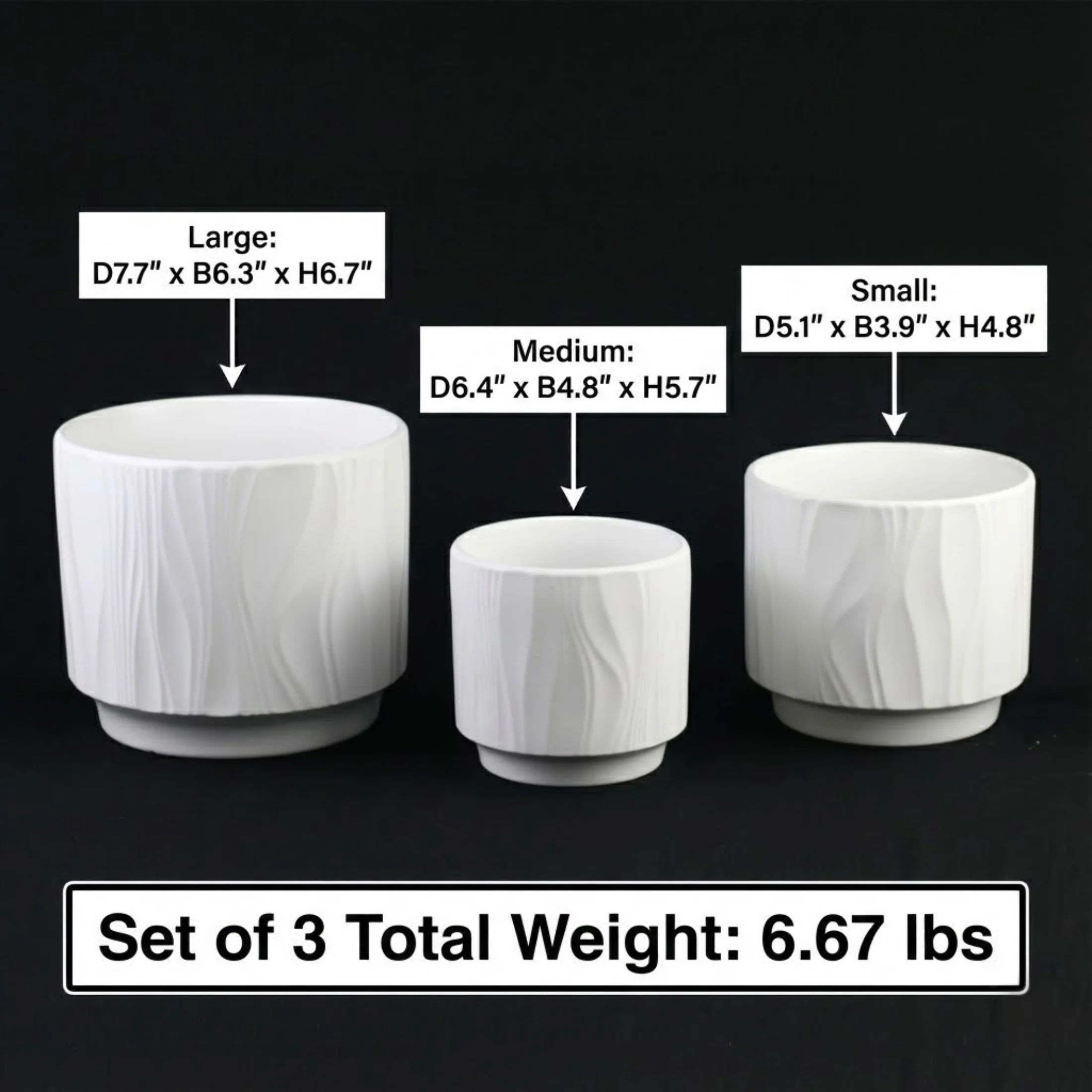 3-Piece White Stoneware Planter Pot Set with Embossed Texture - Image 9