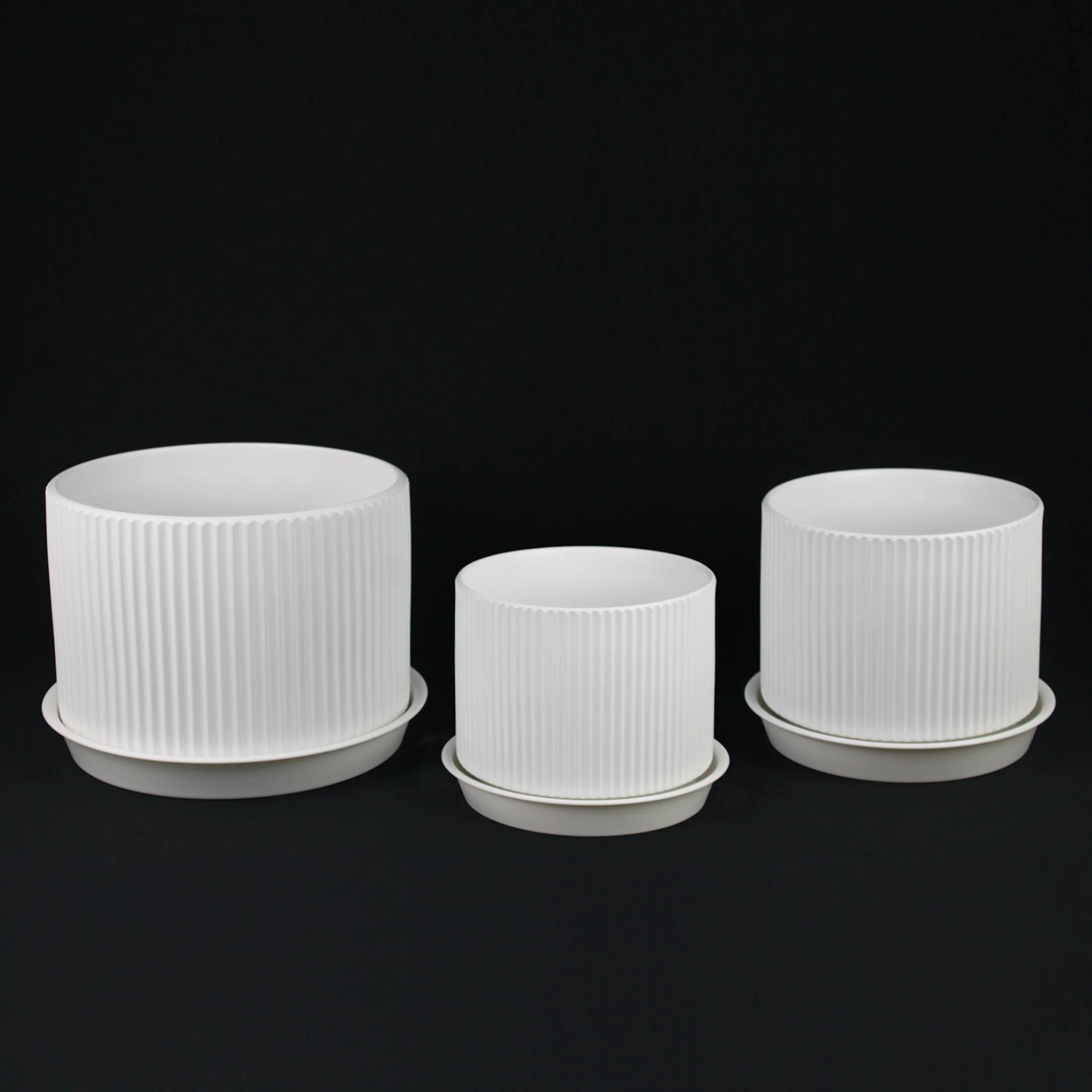 3-Piece White Stoneware Planter Pot Set with Ribbed Texture - Image 12