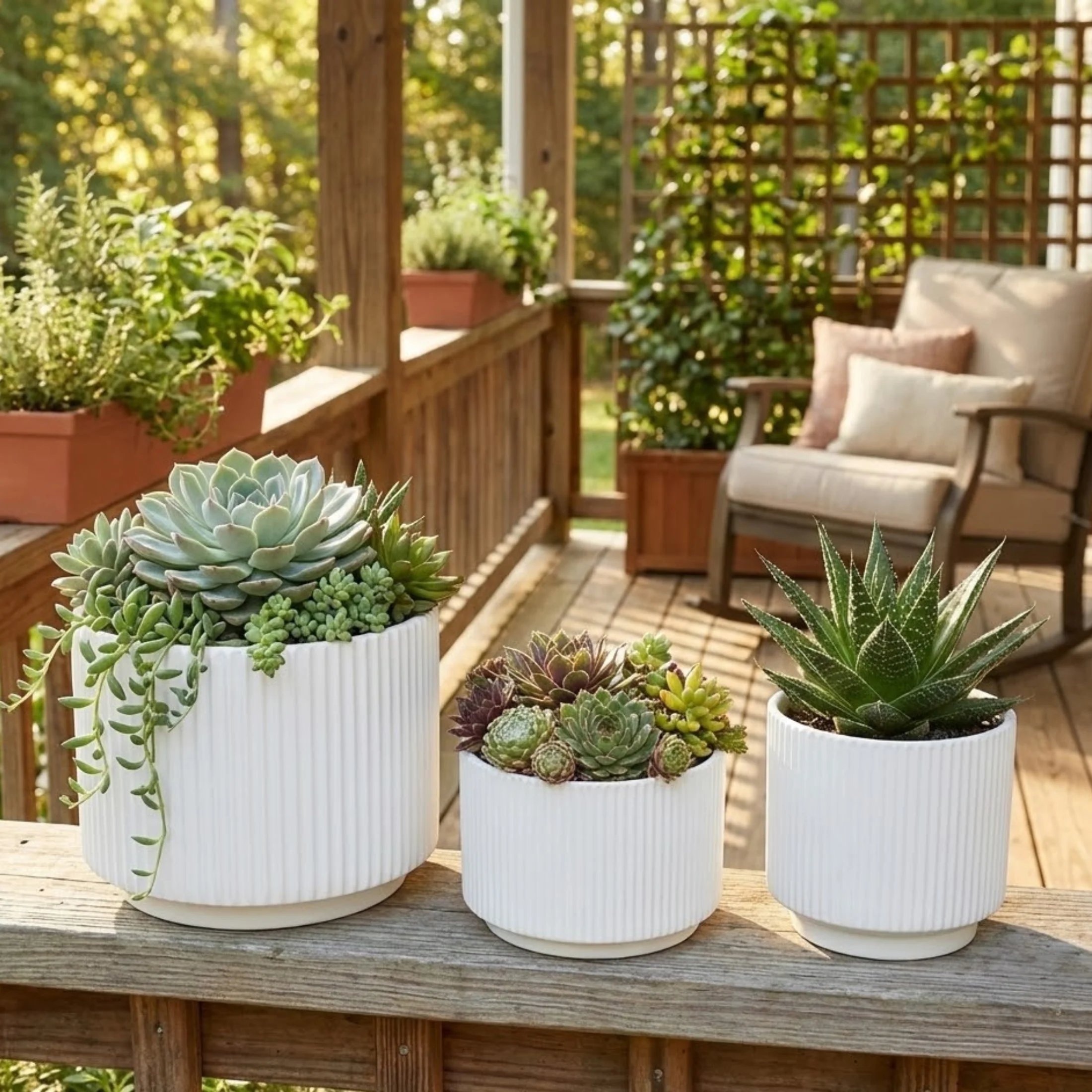 3-Piece White Stoneware Planter Pot Set with Ribbed Texture - Image 3