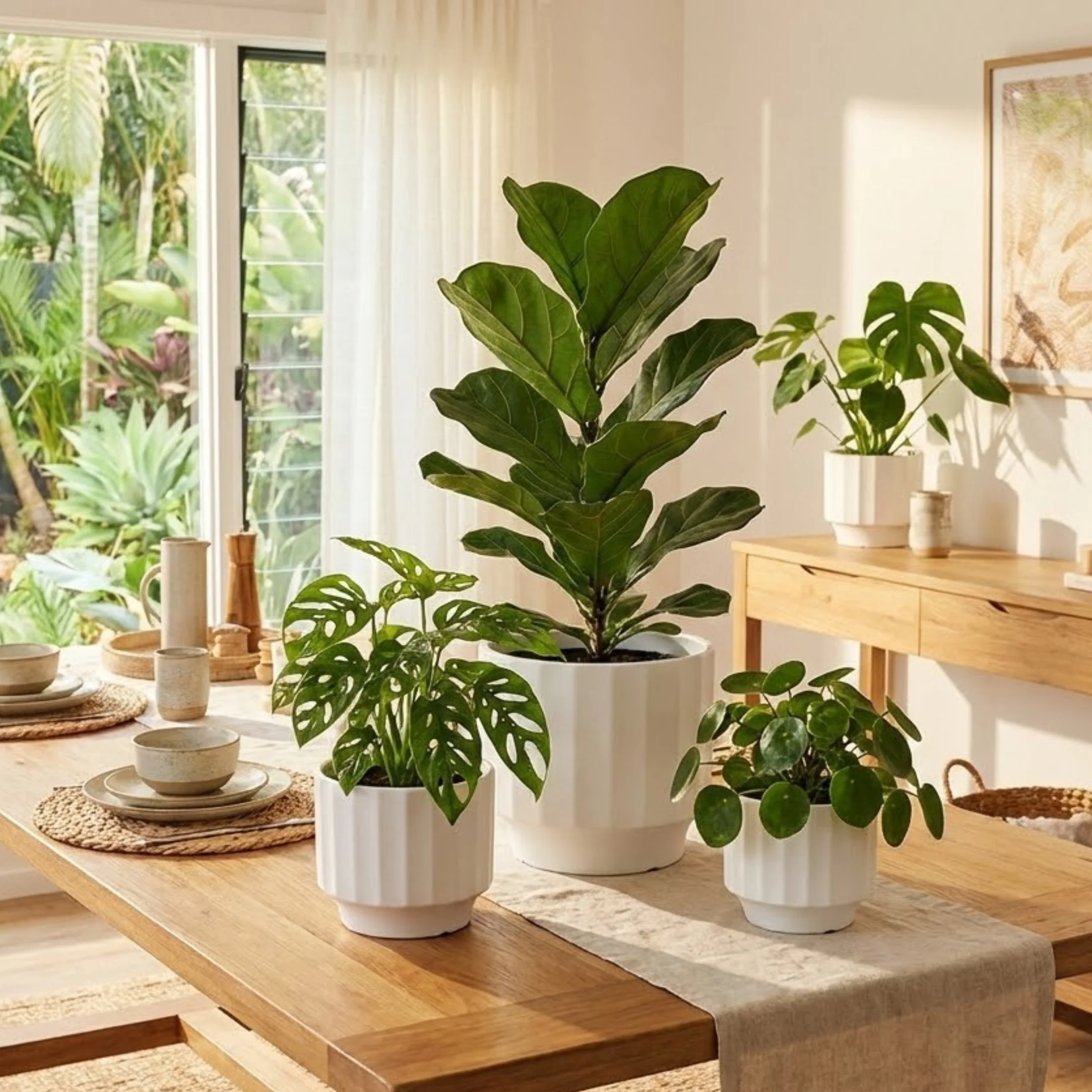 3-Piece White Stoneware Planter Set with Fluted Design - Image 3