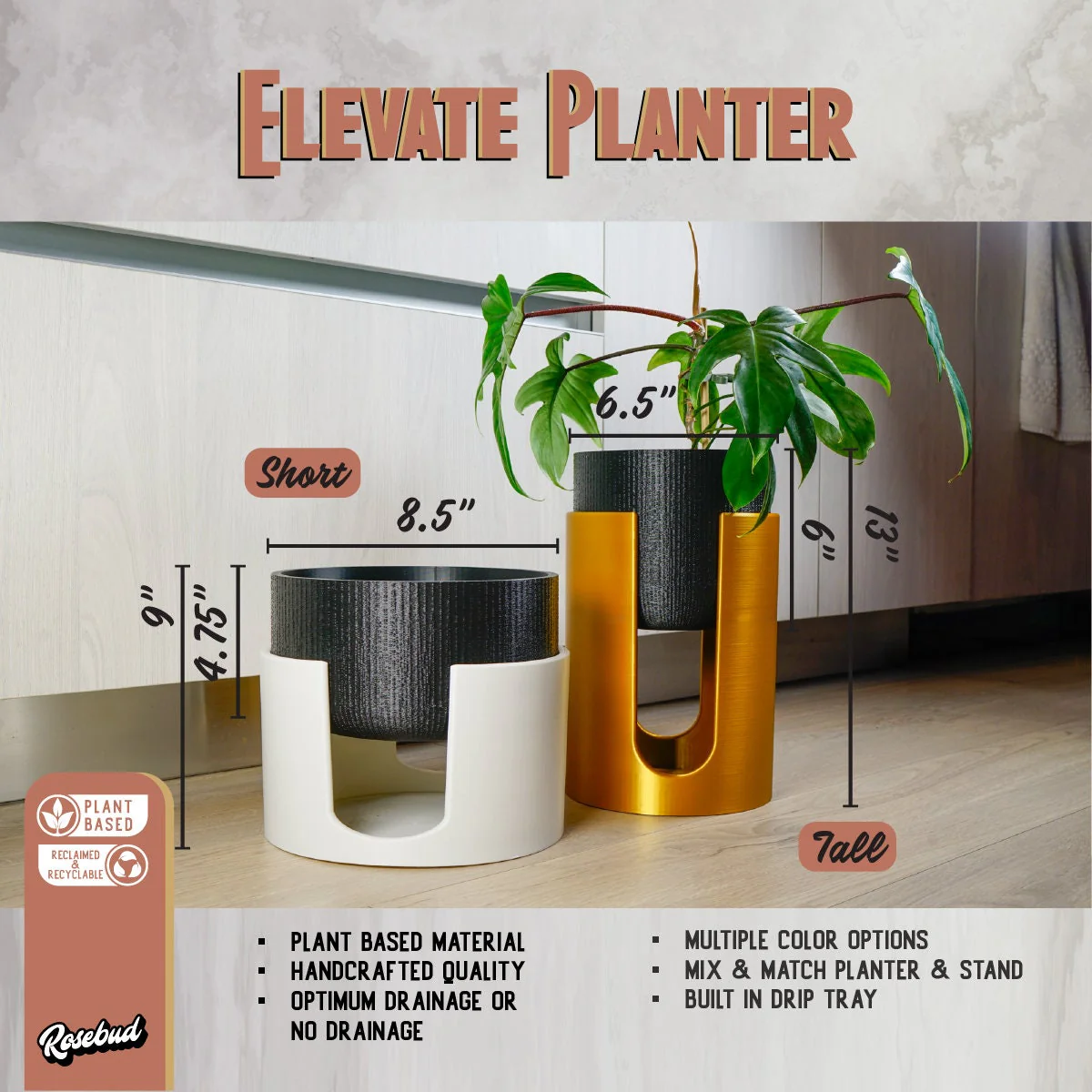 Modern Elevated Planter and Plant Stand Set - 2-Piece Plant Pot with Drainage in Multi Colors & Sizes, Mid-Century Modern Indoor Plant Stand - Image 3